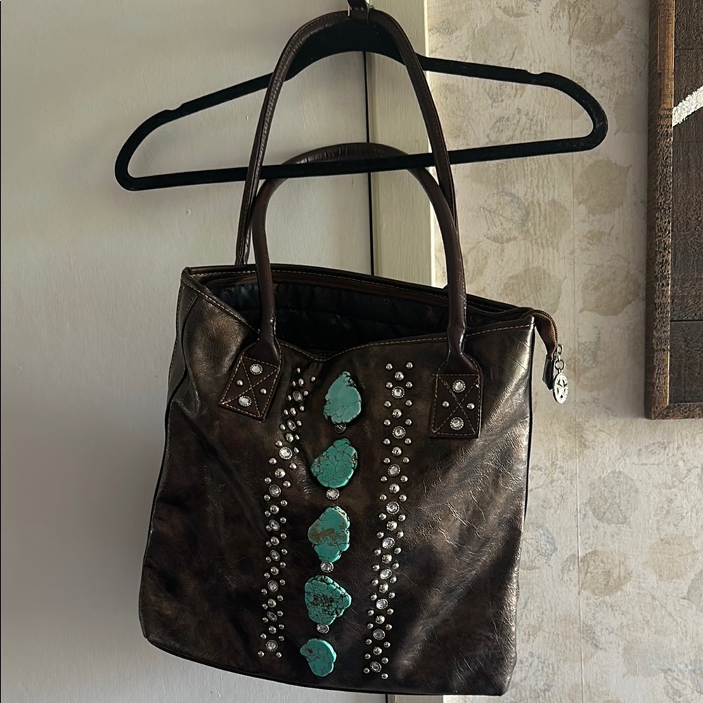 Country Road Brown and Blue Tote Bag with Turquoise Accents